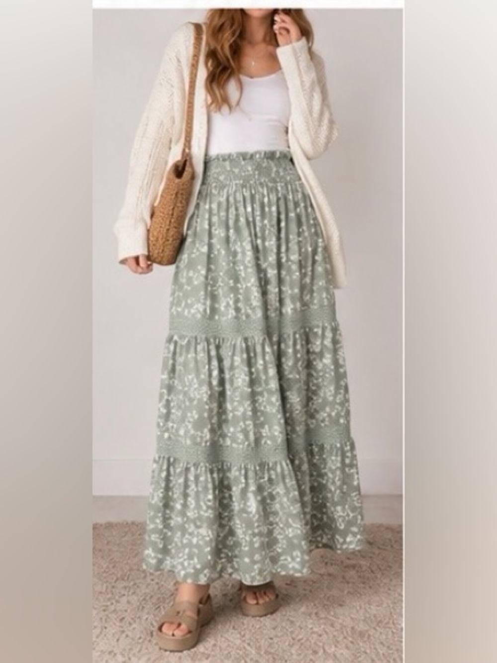 Altar'd State Sage Green Floral Boho Tiered Maxi Skirt
